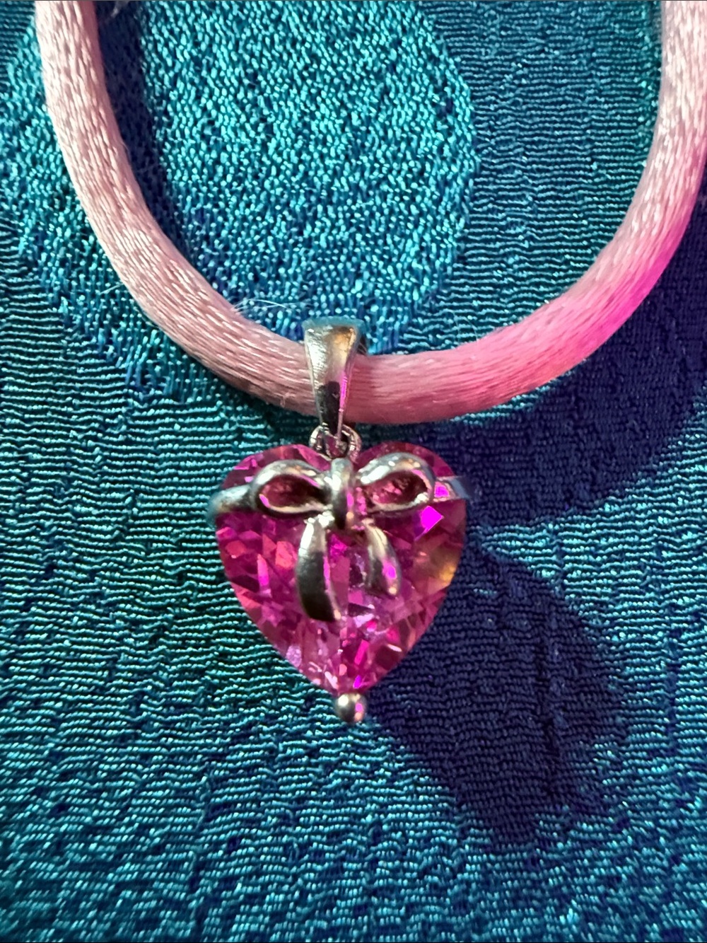 Pink Heart Crystal Pendant sterling silver Necklace - Elegant Bow Accent